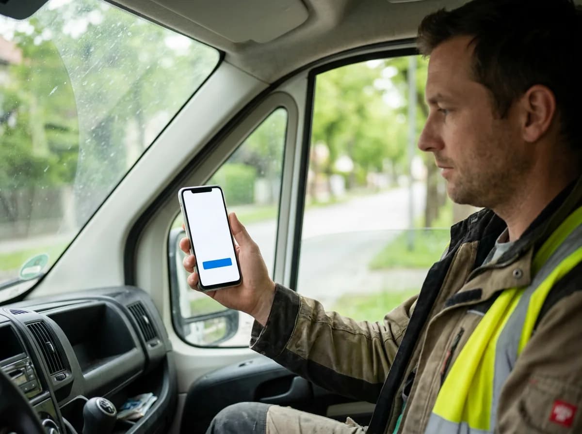 Ein Außendienstmitarbeiter sitzt im Transporter und stempelt mit dem Handy ein