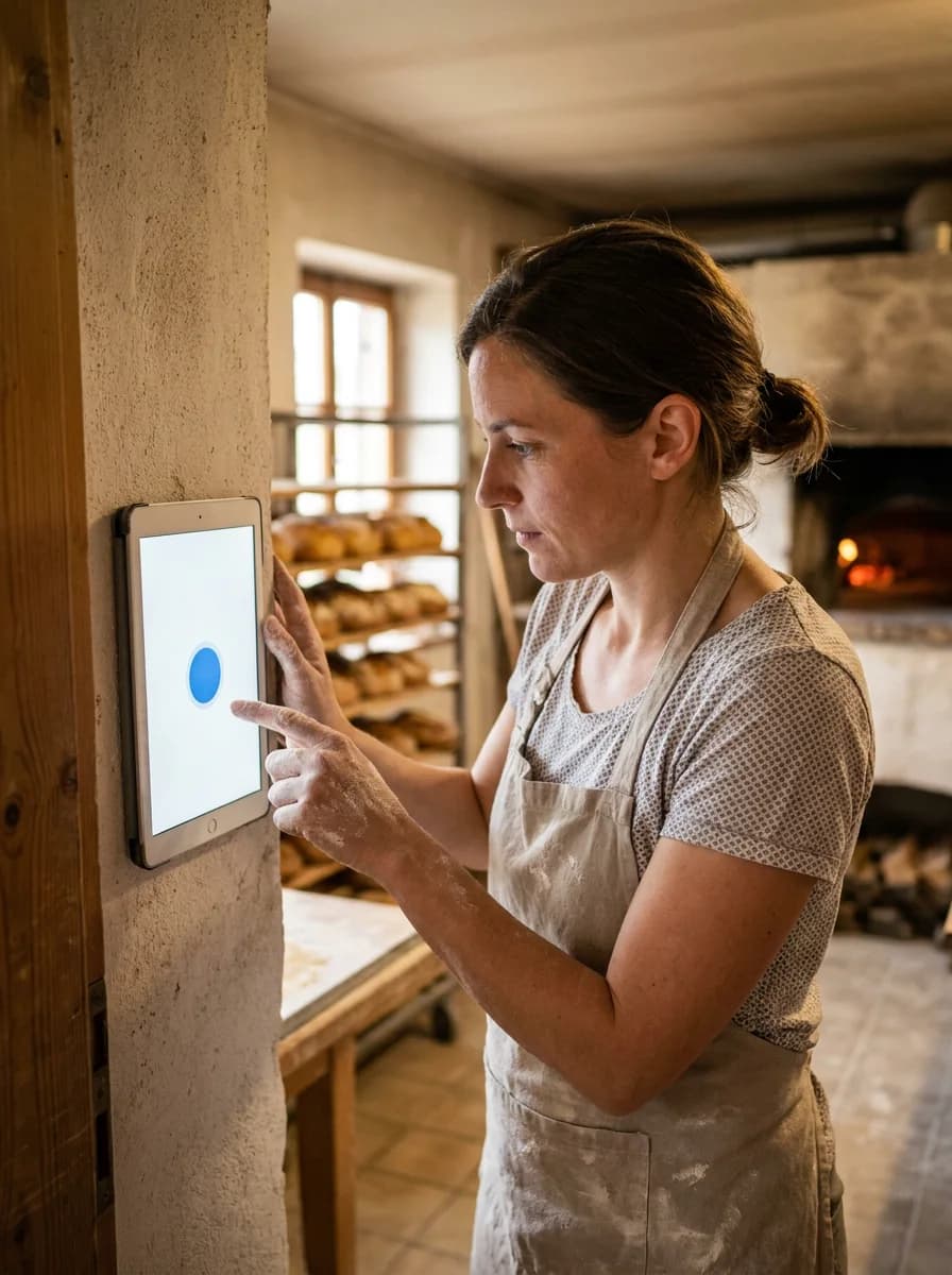 Eine Bäckerin stempelt frühmorgens am Tablet, das neben der Tür der Backstube an der Wand hängt