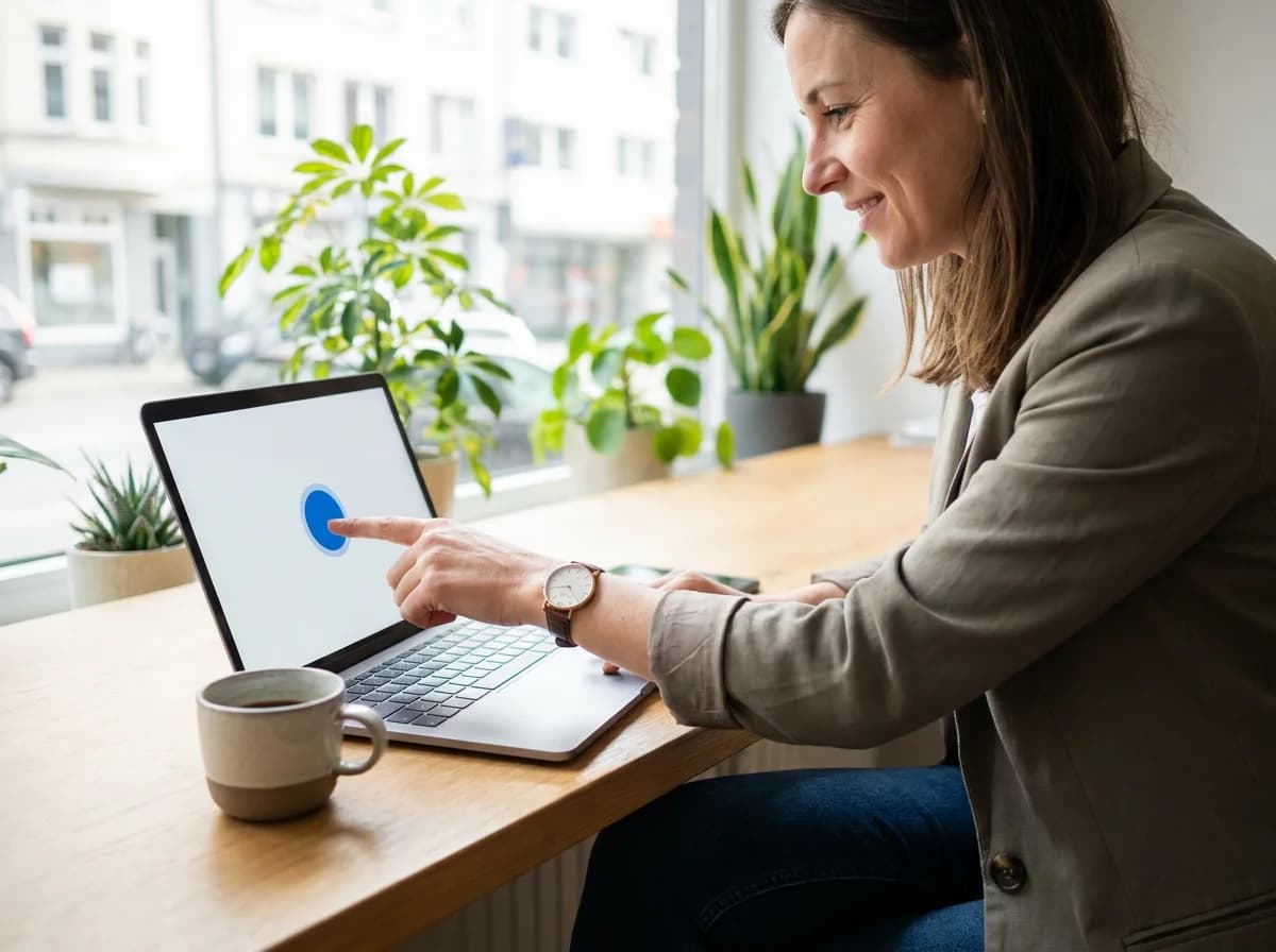 Mitarbeiterin startet im hellen Büro am Laptop ihre Arbeitszeit