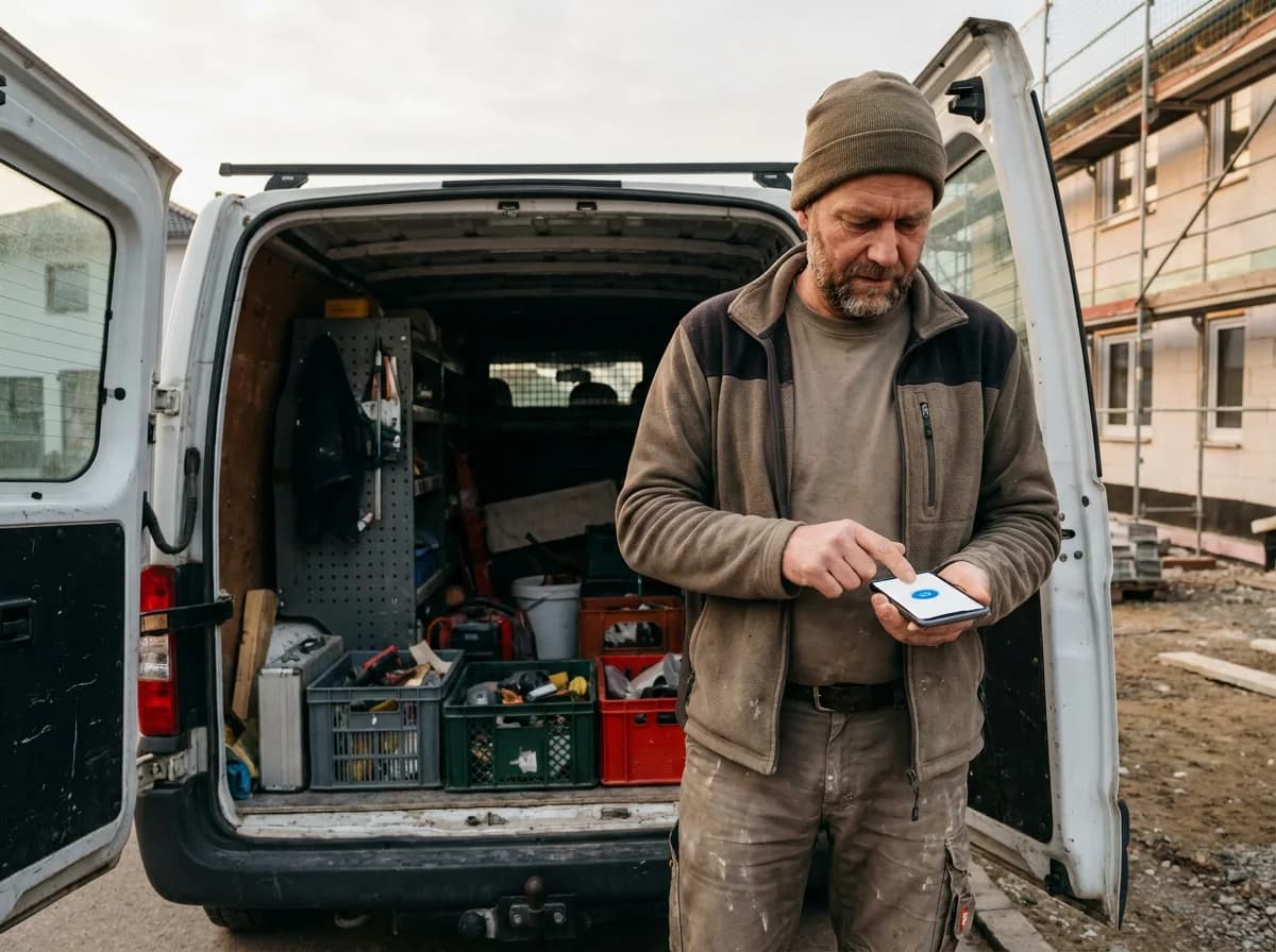 Ein Handwerker steht morgens am offenen Transporter auf der Baustelle und stempelt mit dem Handy ein