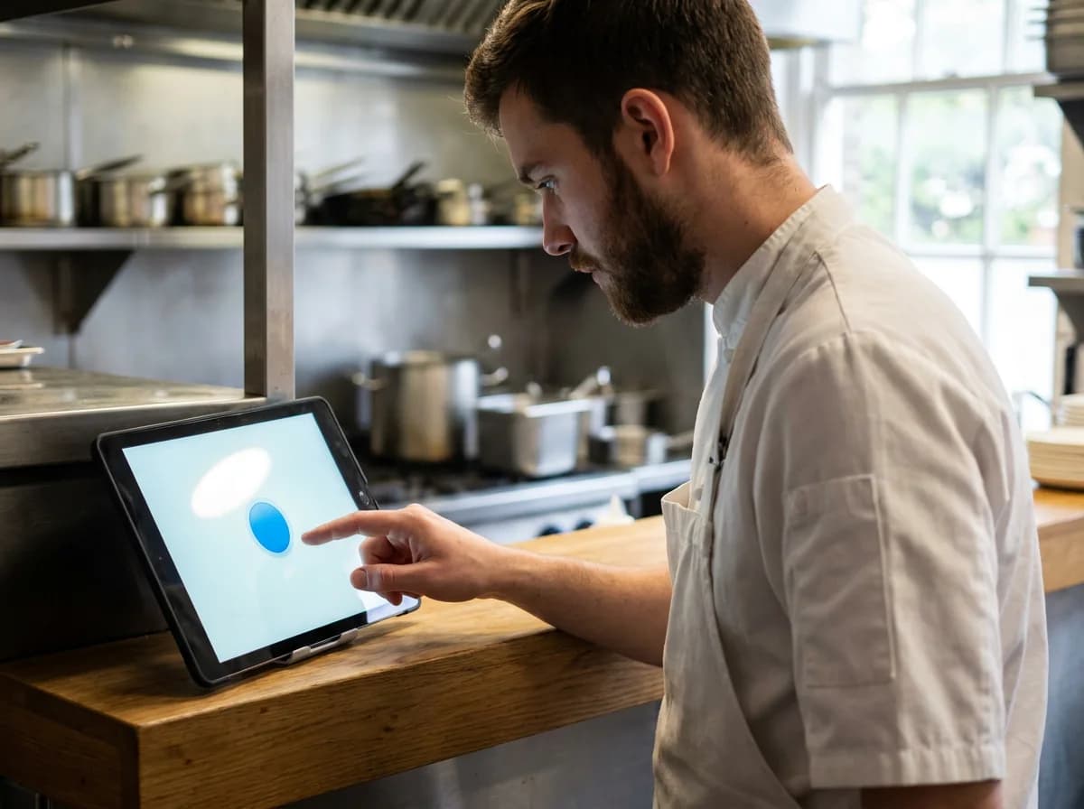 Koch stempelt vor Schichtbeginn am Tablet neben dem Küchenpass