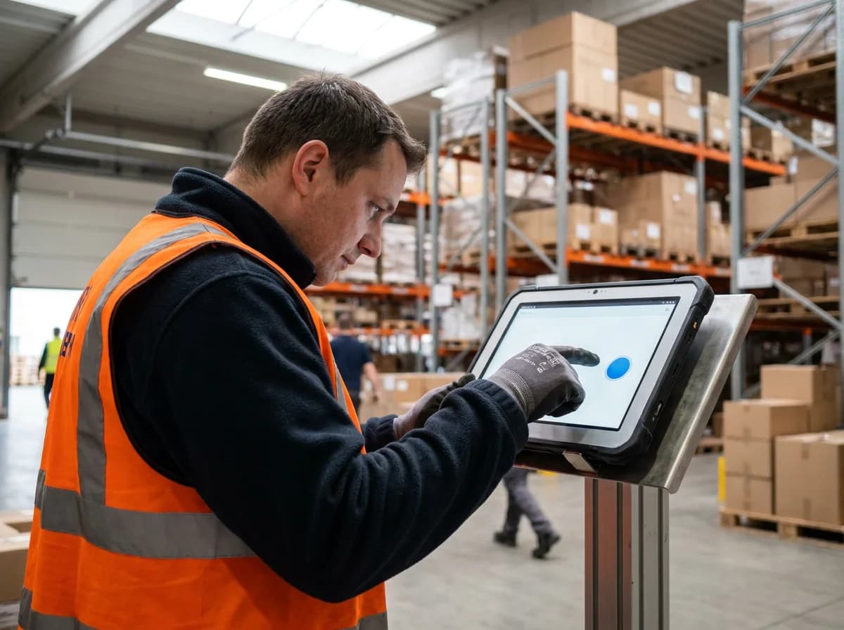 Ein Lagermitarbeiter mit Warnweste und Arbeitshandschuhen tippt auf ein Tablet am Hallentor
