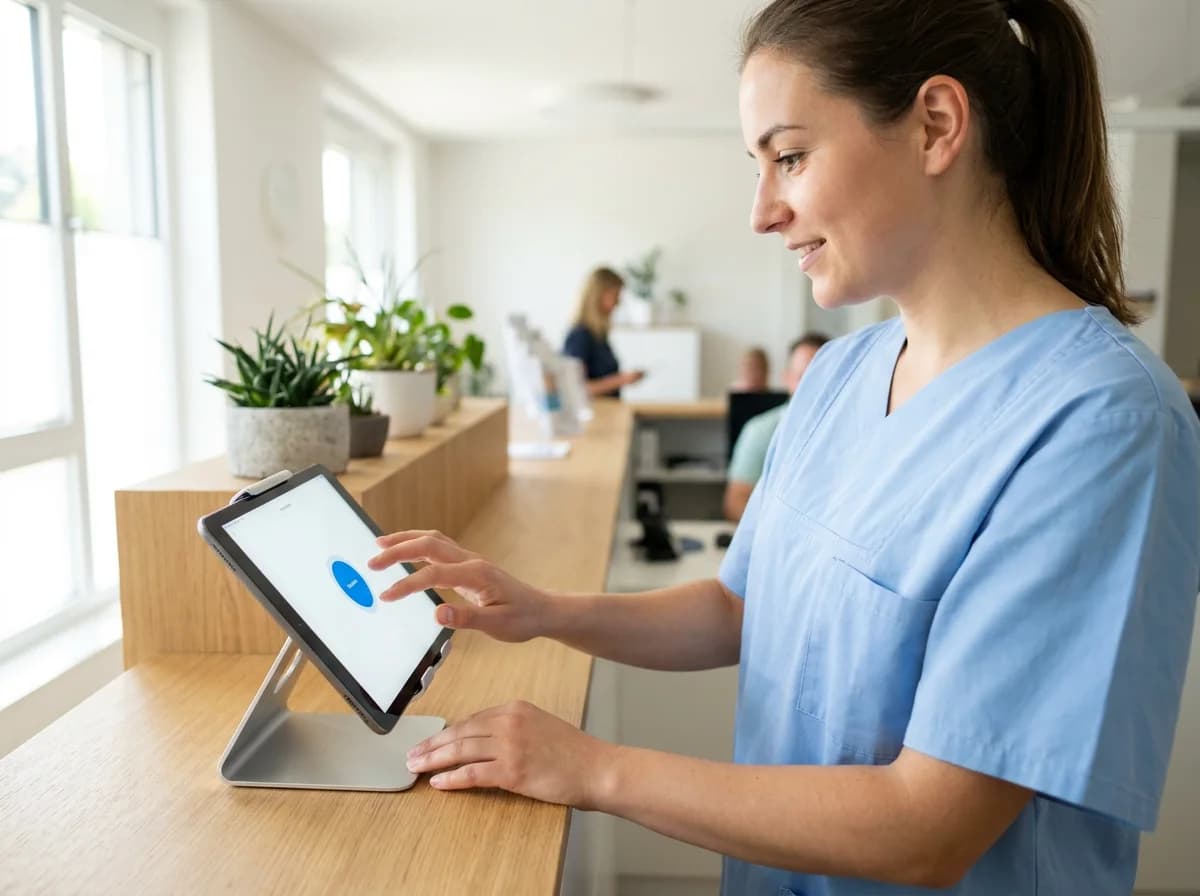Eine Mitarbeiterin einer Arztpraxis tippt am Empfang ihre PIN in ein Tablet