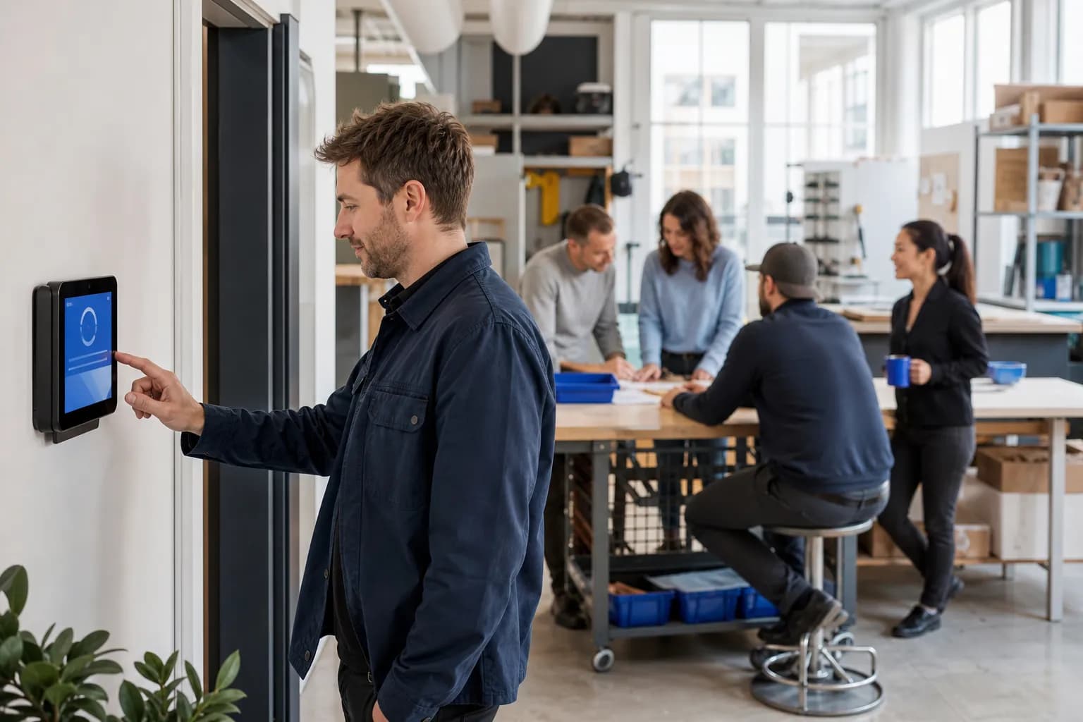 Employee using a tablet time clock in a modern workplace
